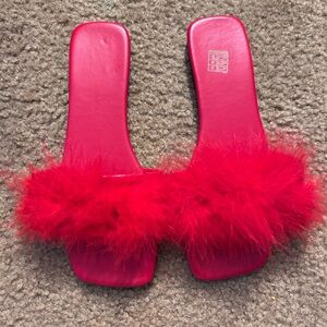 Red Feathered Women's Slide Sandals